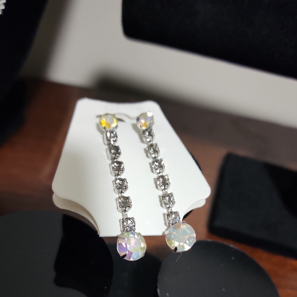 Elegant Silver Crystal Iridescent Colored Drop Earrings